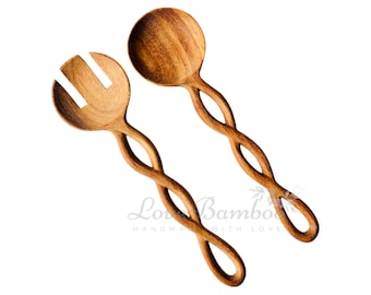 2 pcs Set of Handcarved Large Salad Server Spoons, Twisted Handle Doussie Wood Spoons, Eco Gifts