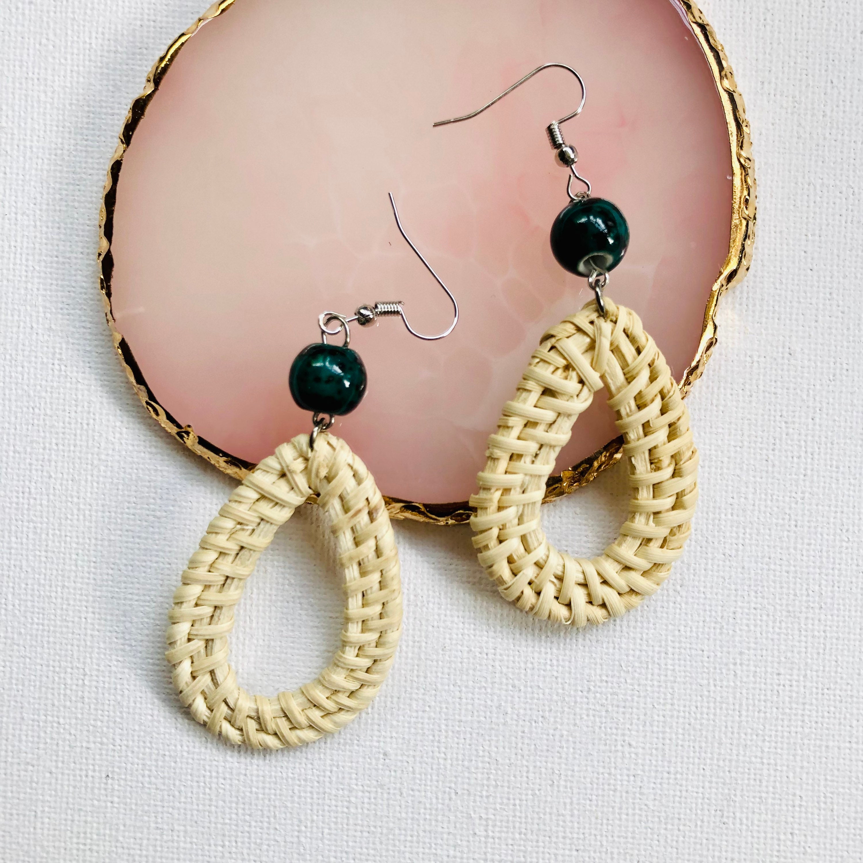 Handwoven Oval Hoop Rattan Earrings with Green Bead |Handmade Beach Earrings | Holiday Earrings |Boho Earrings | Wicker Earrings