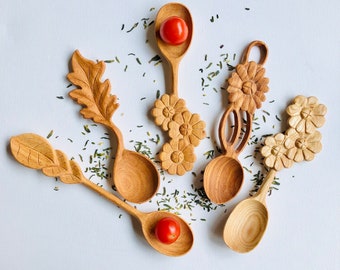 Handmade Wooden Flower Spoons | Hand-Carved Doussie Wood Spoons | Unique Eco-Friendly Kitchen Christmas Gifts | Aesthetic Cooking Utensils