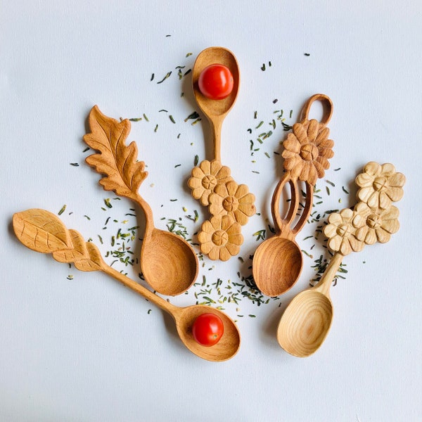 Handmade Flower Wooden Spoons | Handcarved Unique Wooden Spoons | Eco friendly Doussie Wooden Spoons | Aesthetic Kitchen | Kitchen Gifts