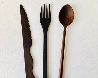 Handcrafted Walnut Wood Cutlery Set: Reusable Wooden Spoon, Fork & Knife