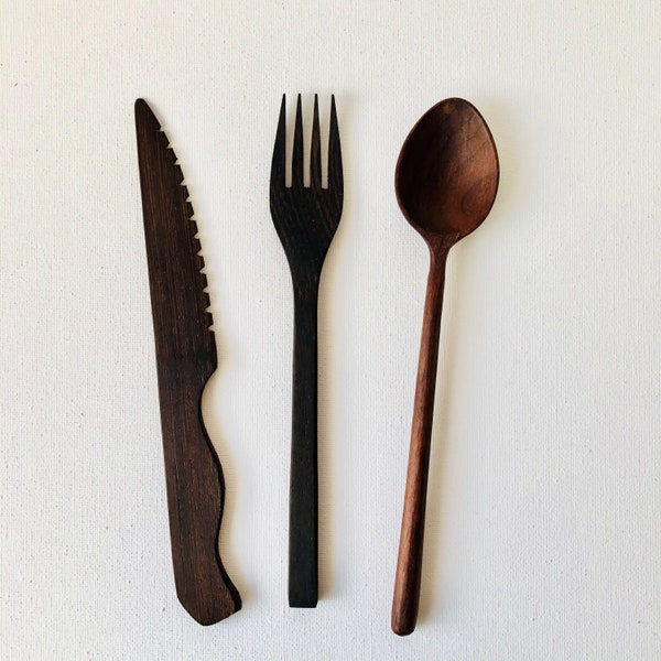 Premium Unique Walnut Wood Cutlery Set | Wooden Spoon, Fork and Knife | Black Walnut Spoon | Handcrafted Cutlery | Reusable Cutlery Set