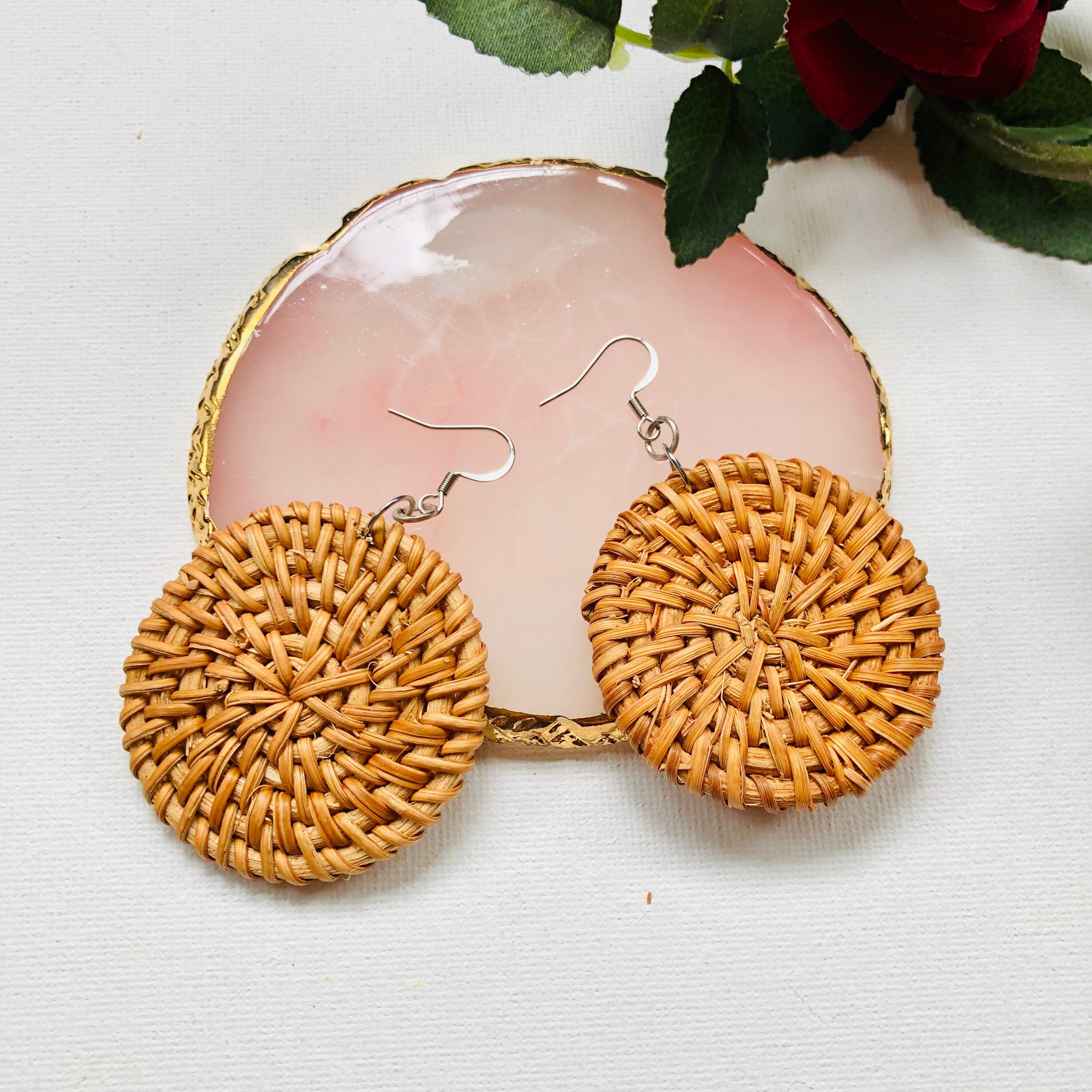 Handwoven seashell beach Rattan Earrings |Handmade Earrings | Boho holiday summer Earrings | Vacation earrings