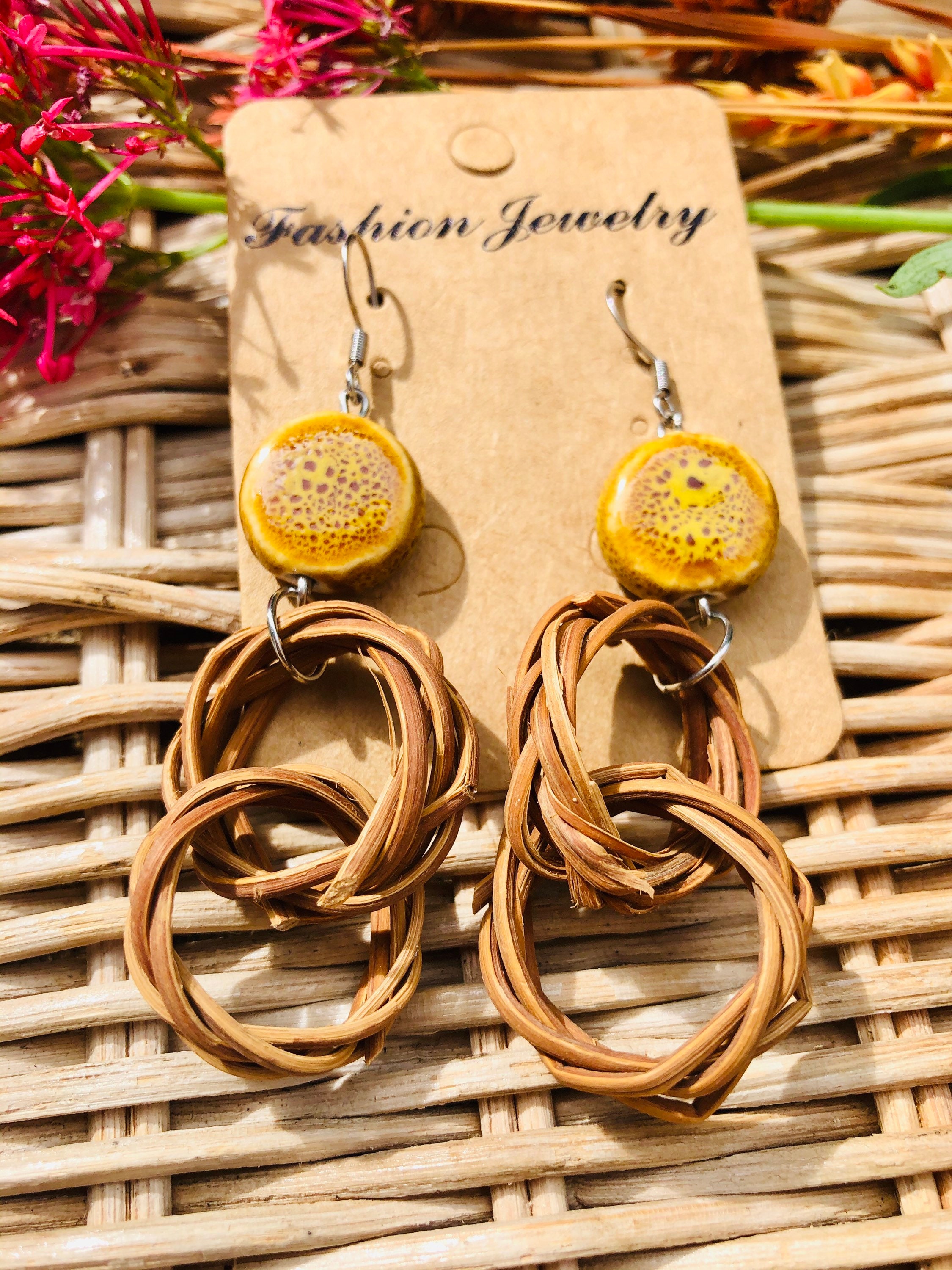 Dangle Handwoven Rattan Earrings | Beach Summer Earrings | Holiday Earrings | Boho Hoop Earrings | Summer Earrings | Lightweight Earrings