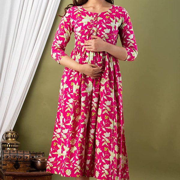 Anarkali Women Kurtis Indian Kurtas Grey Floral Print Breast Feeding Dress Gown Indian Women  Gift For Mom Dress Summer