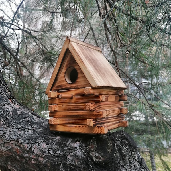 Log Cabin Birdhouse, Wooden Birdhouse For Hanging