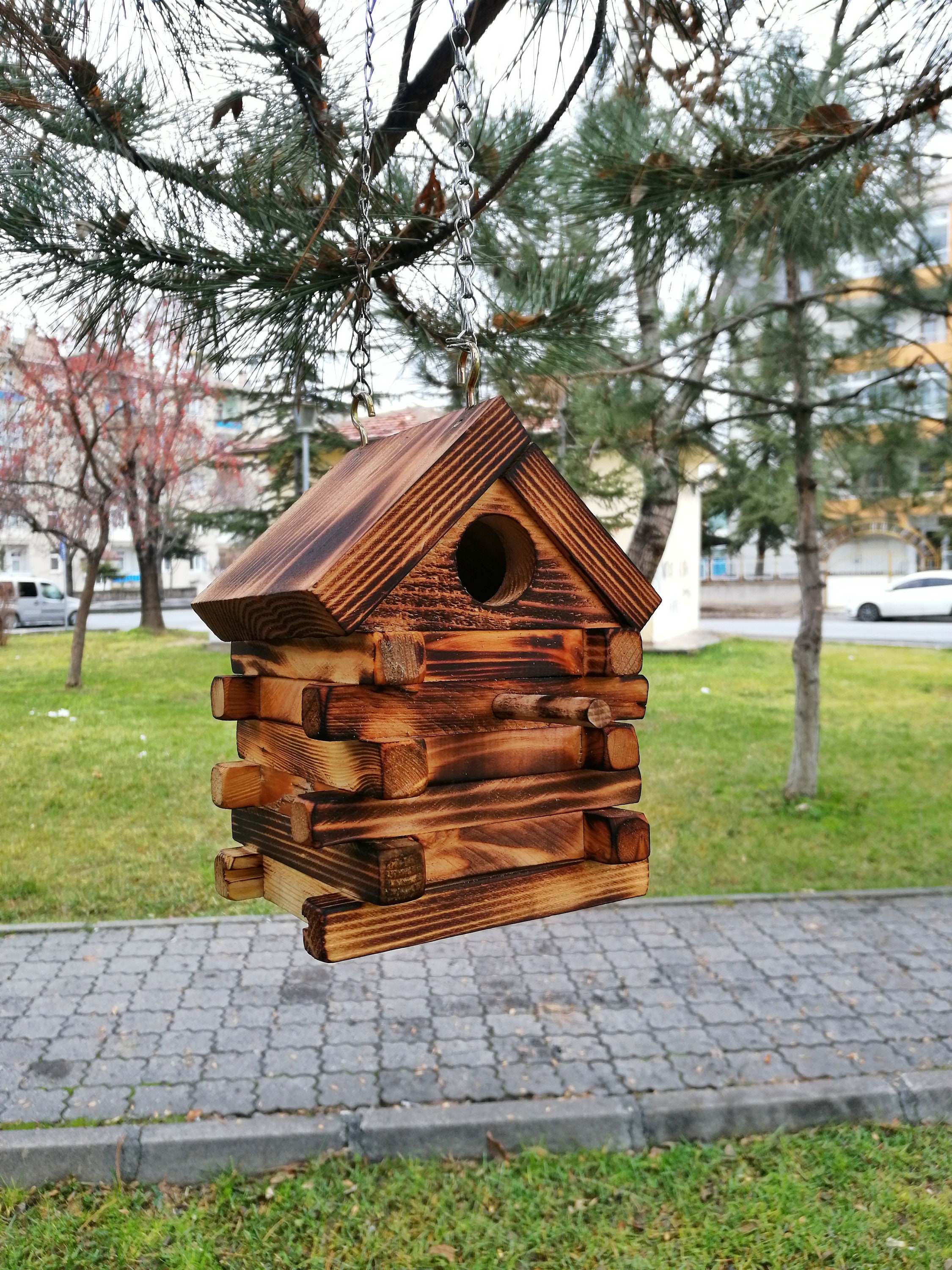 Burnt Patterned Log Cabin Birdhouse Hangable Bird House