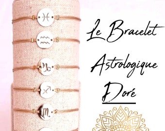 Adjustable astrology bracelet - zodiac sign - in GOLD stainless steel and very resistant nylon - 12 signs of the zodiac