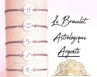 Adjustable astrology bracelet - zodiac sign - in SILVER stainless steel and very resistant nylon - 12 signs of the zodiac