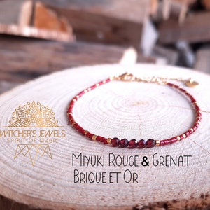 Fine Miyuki bracelet 2mm, red and gold 3mm faceted garnet, gold-plated stainless steel real natural stone image 1