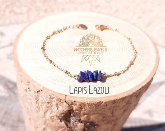 Schakelarmband, blauw en goud - lapis lazuli, verguld roestvrij staal - echte natuursteen