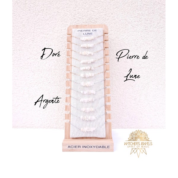 Pierre de Lune - Bracelet chaîne, blanc et or ou argent - acier inoxydable plaqué doré ou argenté - pierre naturelle véritable