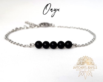 Black onyx bracelet in stainless steel, silver or gold, 4mm natural stones, gift for women, elegant minimalist bracelet