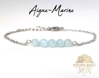 Bracelet aigue-marine acier inoxydable, argenté ou doré, pierres naturelles 4mm, cadeau pour femme, bracelet minimaliste élégant