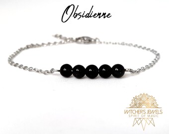 Obsidian bracelet in stainless steel, silver or gold finish, 4mm natural stones, gift for women, elegant minimalist bracelet