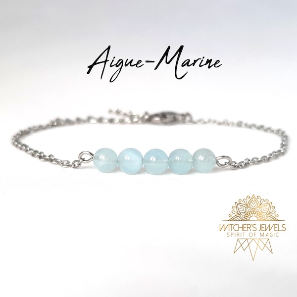 Bracelet aigue-marine acier inoxydable, argenté ou doré, pierres naturelles 4mm, cadeau pour femme, bracelet minimaliste élégant