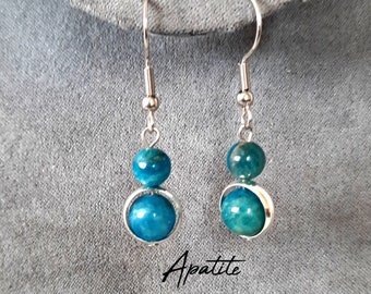 Boucles d'oreilles APATITE bleue - 2 boules de pierre naturelle - BO pendantes Crochets en Acier Inoxydable et laiton plaqué argent 925