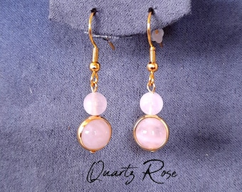 ROSE QUARTZ earrings - 2 natural stone balls - Dangling earrings Stainless steel hooks and 18k gold-plated brass