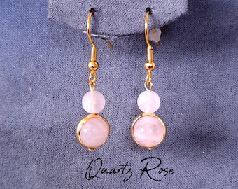 Boucles d'oreilles QUARTZ ROSE - 2 boules de pierre naturelle - BO pendantes Crochets en Acier Inoxydable et laiton plaqué or 18k