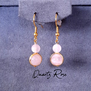 Boucles d'oreilles QUARTZ ROSE 2 boules de pierre naturelle BO pendantes Crochets en Acier Inoxydable et laiton plaqué or 18k image 1