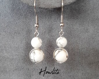 HOWLITE earrings - 2 natural stone balls - Dangling BO Hooks in Stainless Steel and 925 silver-plated brass