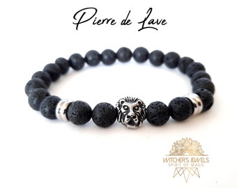 Natural Lava Stone Bracelet 8mm - Stainless steel Lion Bead - Very resistant elastic bracelet - black and silver bracelet