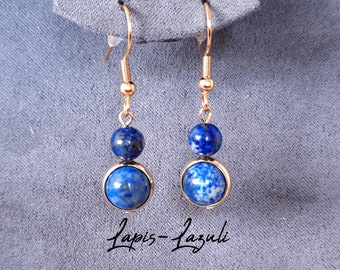 Blue LAPIS-LAZULI earrings - 2 natural stone balls - Dangling earrings Stainless steel hooks and 18k gold-plated brass