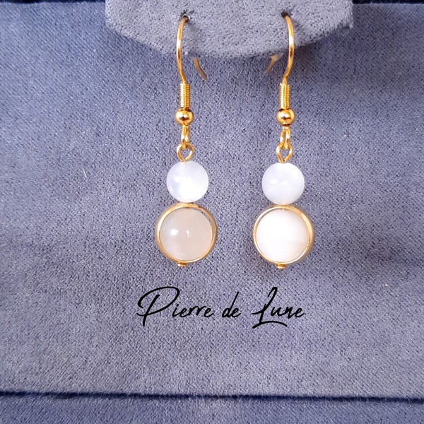 Boucles d'oreilles PIERRE de LUNE - 2 boules de pierre naturelle - BO pendantes Crochets en Acier Inoxydable et laiton plaqué or 18k