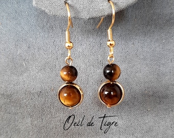 TIGER'S EYE earrings - 2 natural stone balls - Dangling BO Hooks in Stainless Steel and 18k gold-plated brass
