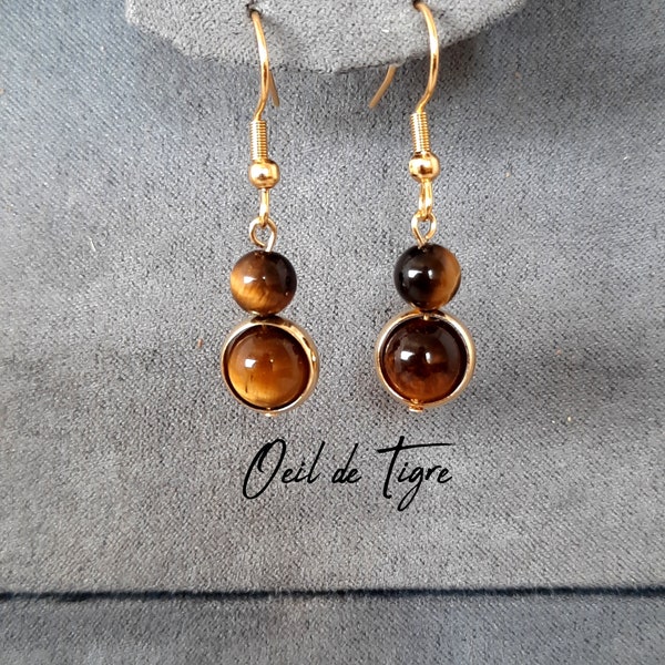 TIGER'S EYE earrings - 2 natural stone balls - Dangling BO Hooks in Stainless Steel and 18k gold-plated brass