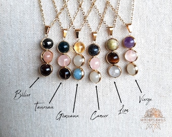 Zodiac pendant necklace 18k gold, 18k gold plated brass bead frame, 18k gold plated stainless steel chain! astrology stone