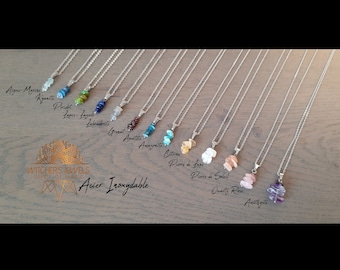Silver necklace, natural stone pendant, cluster of natural stone nuggets, silver stainless steel.
