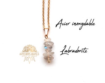Gold labradorite necklace, natural stone pendant, cluster of genuine natural gray stone nuggets, gold-plated stainless steel.