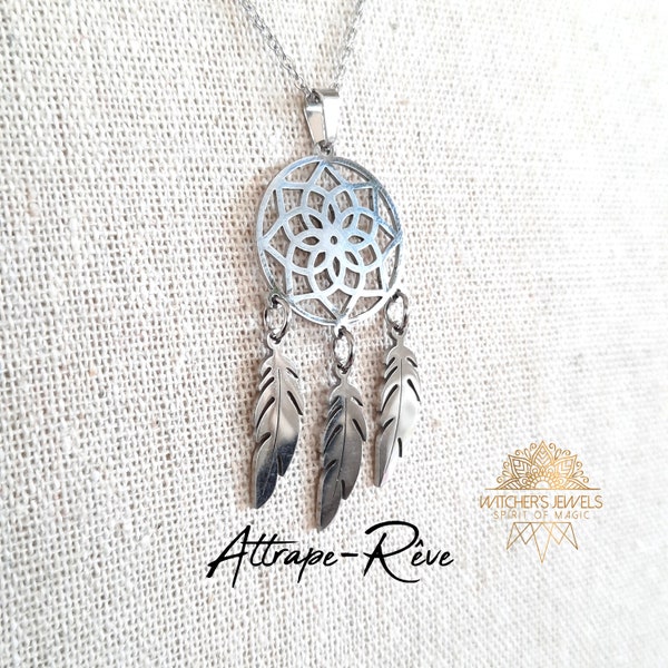 Pendentif Attrape-rêve argent ou or - acier inoxydable - chaîne en acier inoxydable argenté ou doré - bijou de haute qualité