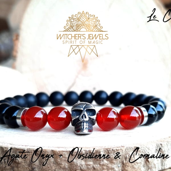 Beau bracelet Tête de mort argentée acier inoxydable Cornaline, Onyx, Obsidienne 8mm cadeau pour homme - pierres naturelles haute qualité