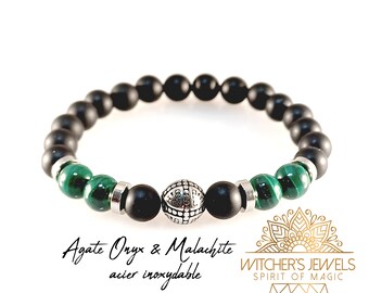 Bracelet noir et vert esthétique pour homme style viking - Onyx, Malachite et acier inoxydable