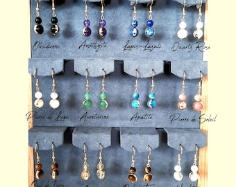 NATURAL STONE earrings - 2 natural stone balls - Dangling earrings Stainless steel hooks and 18k gold-plated brass