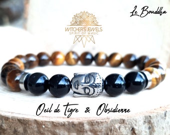Zen Buddha Bracelet Black Obsidian and Tiger Eye 8mm - very resistant elastic bracelet - Natural stones and stainless steel