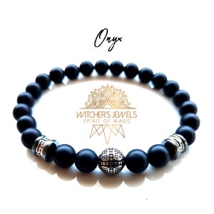 Pulsera de hombre en ónix negro mate hecha a mano con cuentas de 8 mm - Piedras naturales, hematita, latón plateado, acero inoxidable - regalo para hombre