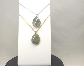 Grey labradorite teardrop pendant, natural stone teardrop shape, stainless steel chain in gold or silver.