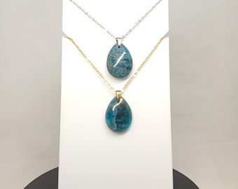 Blue apatite teardrop pendant, natural stone teardrop on a stainless steel chain in gold or silver.