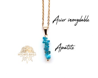 Gold apatite necklace, natural stone pendant, cluster of genuine natural blue stone nuggets, gold stainless steel.
