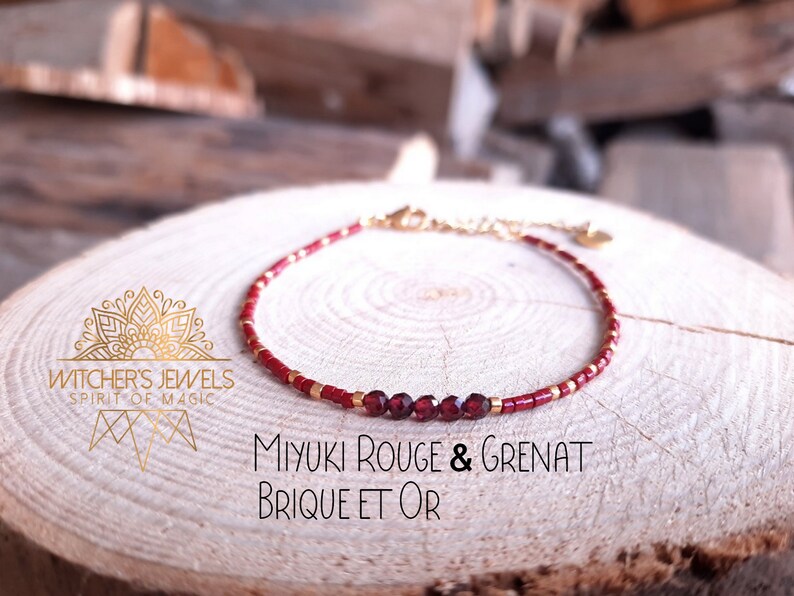 Fine Miyuki bracelet 2mm, red and gold 3mm faceted garnet, gold-plated stainless steel real natural stone image 1