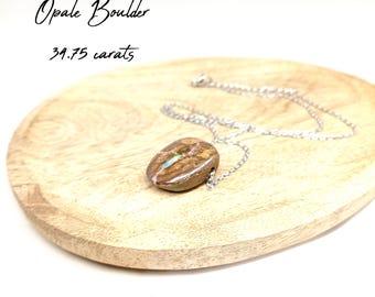 34.7 carat Boulder OPAL AA grade pendant - 6.95 grams - multicoloured gemstone - silver or gold stainless steel chain.