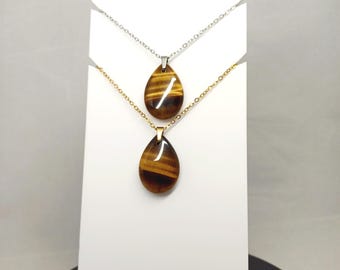Tiger's eye teardrop pendant, natural stone teardrop, stainless steel chain in gold or silver.