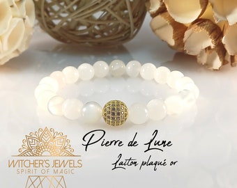 Bracelet de perles de pierre de Lune - perle centrale boule brillante strass or jaune - cadeau pour femme
