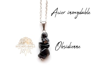 Silver obsidian necklace, natural stone pendant, cluster of genuine natural black stone nuggets, stainless steel.