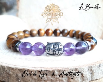 Zen Buddha bracelet Purple Amethyst and Tiger Eye 8mm - very resistant elastic bracelet - Natural stones and stainless steel