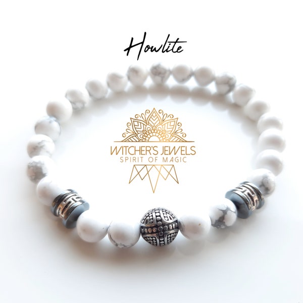 Bracelet mixte en howlite fait main perles de 8mm - Pierres naturelles, hématite, laiton argenté, acier inoxydable - cadeau mixte
