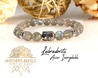 Bracelet de perles de pierre de Labradorite - perle centrale bouddha argenté acier inoxydable - cadeau pour femme